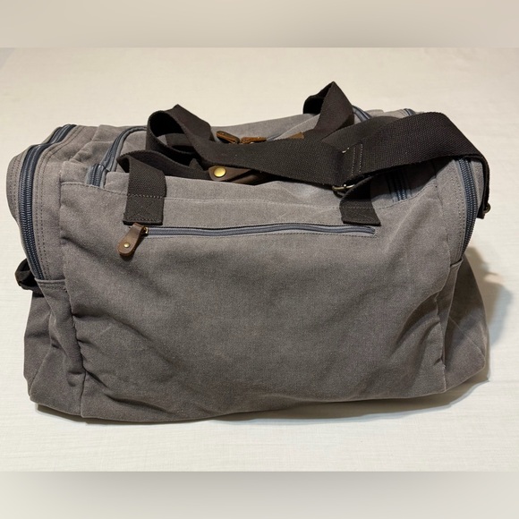 Aocome Gray Canvas Duffel Bag Leather Trim Travel Weekender/Shoe Compartment - Picture 8 of 13